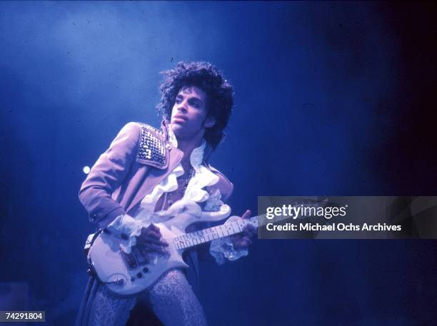 Prince performs live at the Fabulous Forum on February 19, 1985 in Inglewood, California.