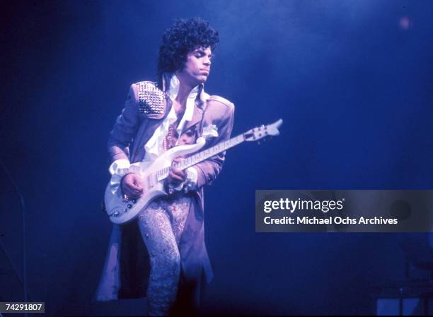 Prince performs live at the Fabulous Forum on February 19, 1985 in Inglewood, California.