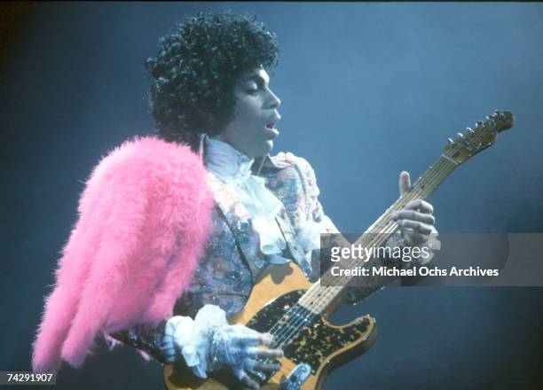 Prince performs live at the Fabulous Forum on February 19, 1985 in Inglewood, California.