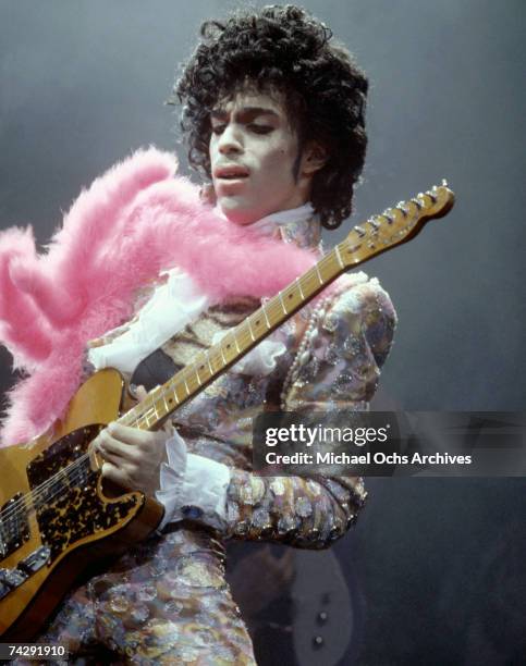 Prince performs live at the Fabulous Forum on February 19, 1985 in Inglewood, California.