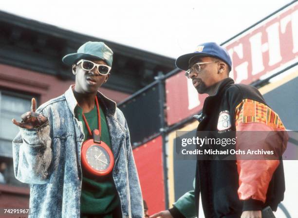 Director Spike Lee and rapper Flavor Flav of the rap group "Public Enemy" film a video for their song "Fight The Power" directed by Spike Lee in 1989...