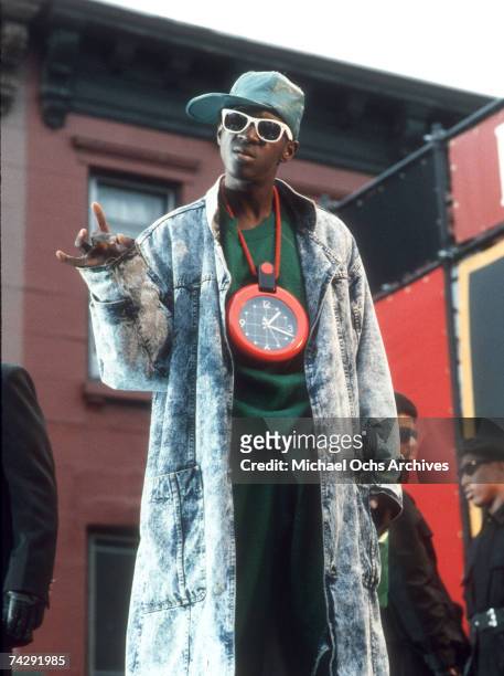 Rapper Flavor Flav of the rap group 'Public Enemy' film a video for their song 'Fight The Power' directed by Spike Lee in 1989 in New York, New York.