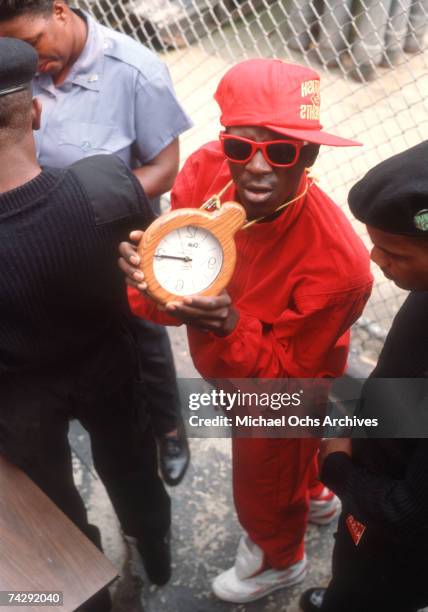 Rapper Flavor Flav of the rap group 'Public Enemy' at the filming of a video for their song 'Fight The Power' directed by Spike Lee in 1989 in New...