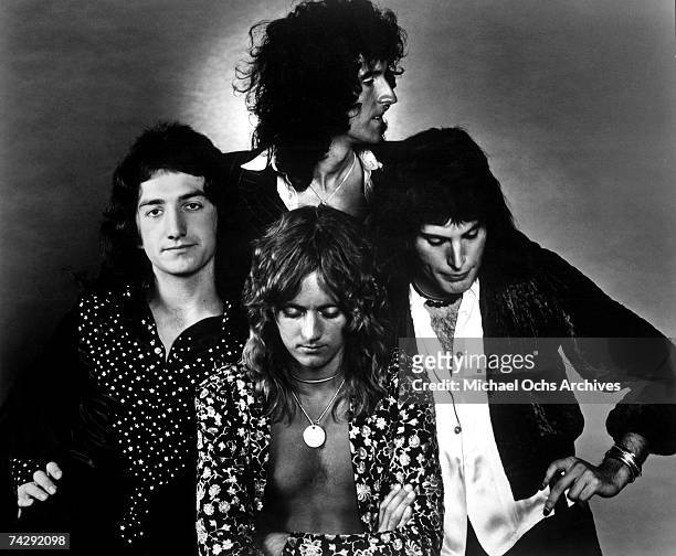 British rock band Queen (clockwise from top: Brian May, Freddie Mercury, Roger Taylor and John Deacon pose for an Electra Records publicity still to...
