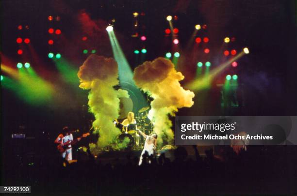 British rock band Queen performs at The Forum in 1977 in Inglewood, California.