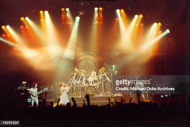 British rock band Queen performs at The Forum in 1977 in Inglewood, California.