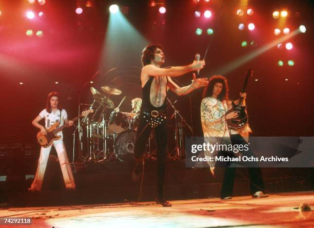 British rock band Queen perform in concert with Freddie Mercury wearing black leotard at the Forum on December 22, 1977 in Inglewood, California.