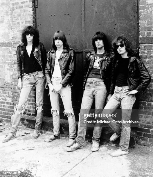 Joey Ramone, Johnny Ramone, Dee Dee Ramone and Tommy Ramone of the punk group "The Ramones" pose for a portrait in circa 1976.
