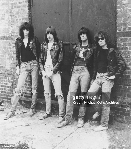 Joey Ramone, Johnny Ramone, Dee Dee Ramone and Tommy Ramone of the punk group "The Ramones" pose for a portrait in circa 1976.