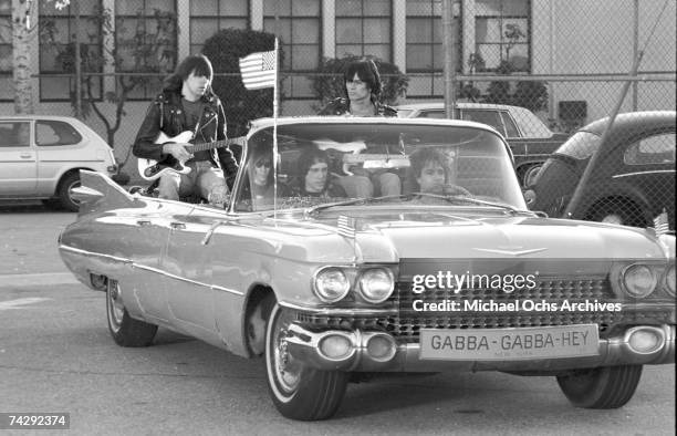 Left to right Johnny Ramone, Joey Ramone , Marky Ramone , Dee Dee Ramone , and driver Rodney Bingenheimer punk group The Ramones rides in a vintage...