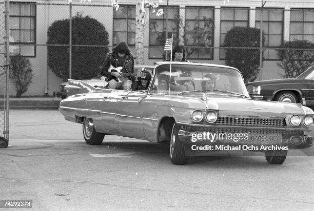 Left to right Johnny Ramone, Joey Ramone , Marky Ramone , Dee Dee Ramone , and driver Rodney Bingenheimer punk group The Ramones rides in a vintage...