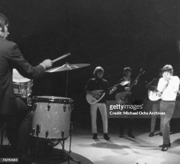 Rock and roll band "The Rolling Stones" Charlie Watts, Brian Jones, Bill Wyman, Keith Richards Mick Jagger rehearse for an appearance on a British TV...