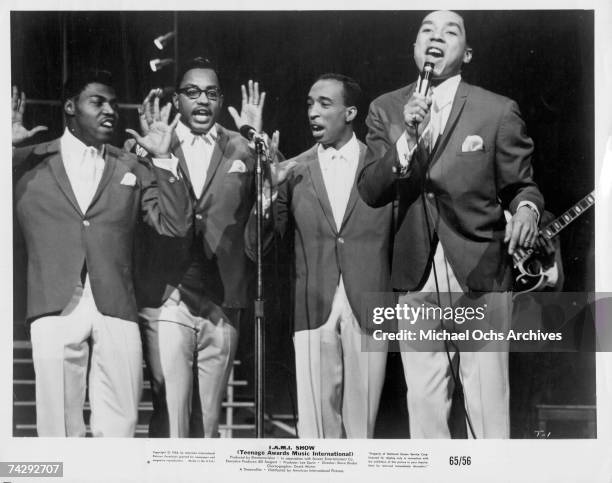 Motown R&B group Smokey Robinson & The Miracles perform at the T.A.M.I. Show on October 28, 1964 at the Santa Monica Civic Auditorium in Santa...