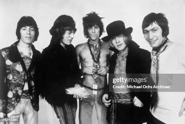 Rock and roll band "The Rolling Stones" pose for a portrait in 1968. Bill Wyman, Mick Jagger, Keith Richards, Brian Jones, Charlie Watts).