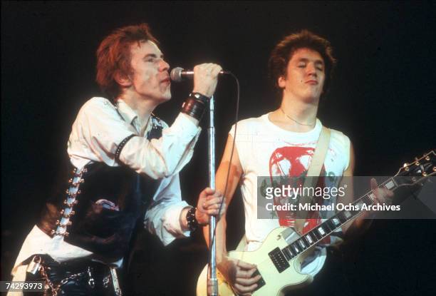 Lead singer Johnny Rotten and guitarist Steve Jones of the punk band "The Sex Pistols" perform their last concert in Winterland on January 14, 1978...