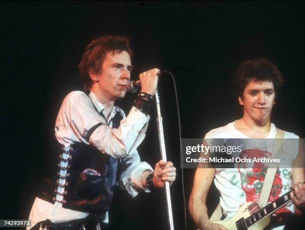 Lead singer Johnny Rotten and guitarist Steve Jones of the punk band "The Sex Pistols" perform their last concert in Winterland on January 14, 1978...