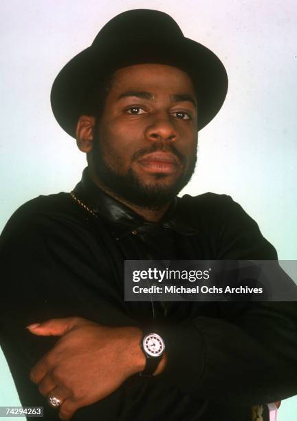 Jam Master Jay of the hip-hop group "Run DMC" pose for a studio portrait session in 1985 in New York, New York.