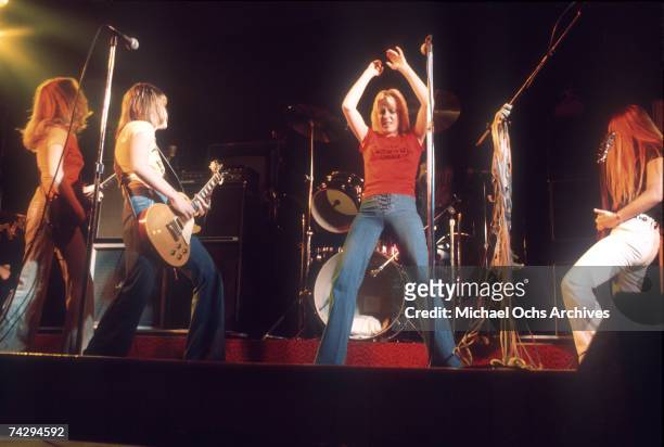 Rock band "The Runaways" perform on stage in Los Angeles in 1976. Jackie Fox, Joan Jett, Cherie Currie, Lita Ford.