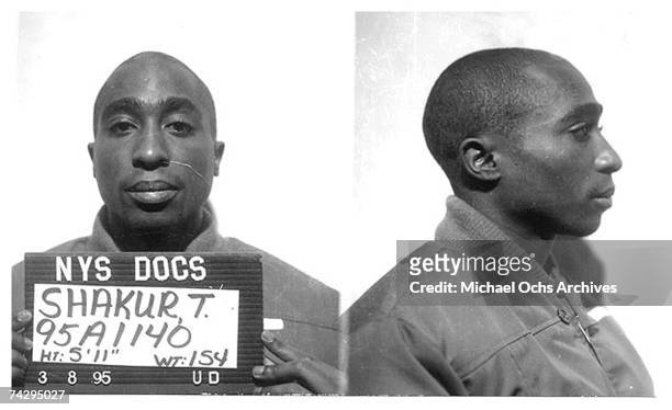 Rapper Tupac Shakur poses for a mug shot for the New York State Department of Corrections after his conviction for the sexual abuse of a female fan...
