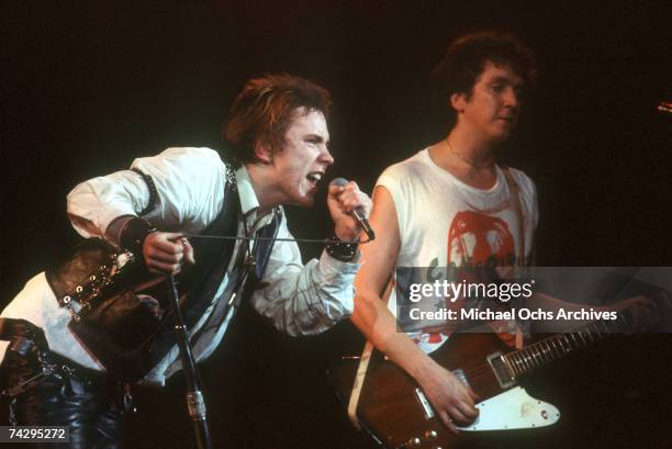 Lead singer Johnny Rotten and guitarist Steve Jones of the punk band "The Sex Pistols" perform their last concert in Winterland on January 14, 1978...