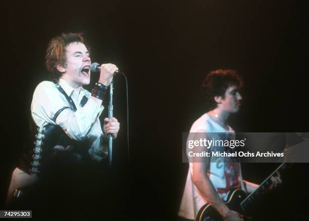 Lead singer Johnny Rotten and guitarist Steve Jones of the punk band "The Sex Pistols" perform their last concert in Winterland on January 14, 1978...