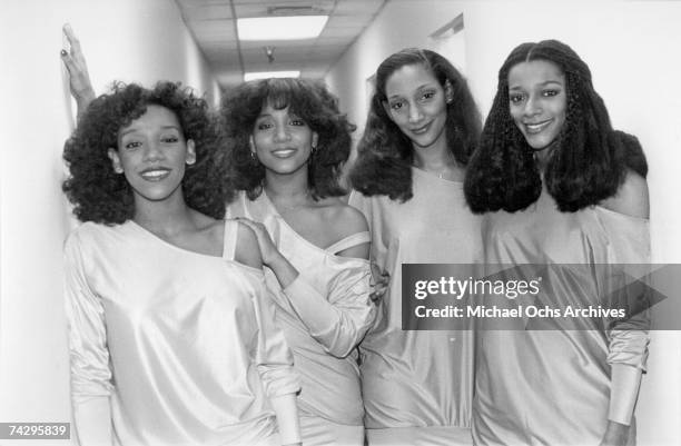 Kathy Sledge, Joni Sledge, Debbie Sledge and Kim Sledge of the vocal group "Sister Sledge" pose for a portrait in circa 1977.