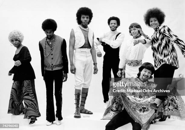 Psychedelic soul group "Sly & The Family Stone" pose for a portrait in 1968. Rosie Stone, Larry Graham, Sly Stone, Freddie Stone, Gregg Errico, Jerry...