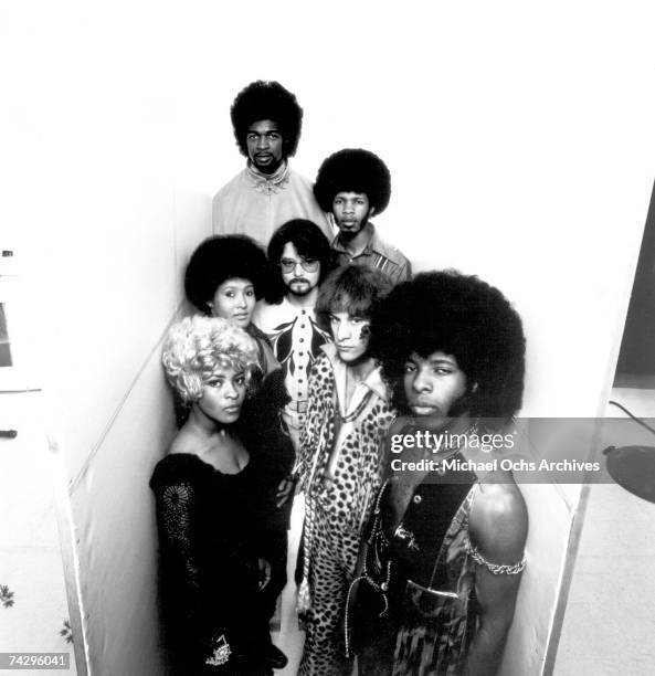 Psychedelic soul group "Sly & The Family Stone" pose for a portrait on March 26, 1969. Rosie Stone, Cynthia Robinson, Larry Graham, Freddie Stone,...