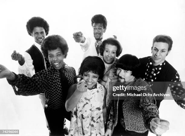 Psychedelic soul group "Sly & The Family Stone" pose for a portrait in 1968. Freddie Stone, Sly Stone, Rosie Stone, Larry Graham, Cynthia Robinson,...