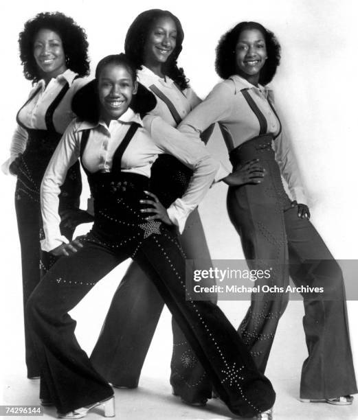 Joni Sledge, Kathy Sledge, Debbie Sledge and Kim Sledge of the vocal group "Sister Sledge" pose for a portrait in circa 1973.