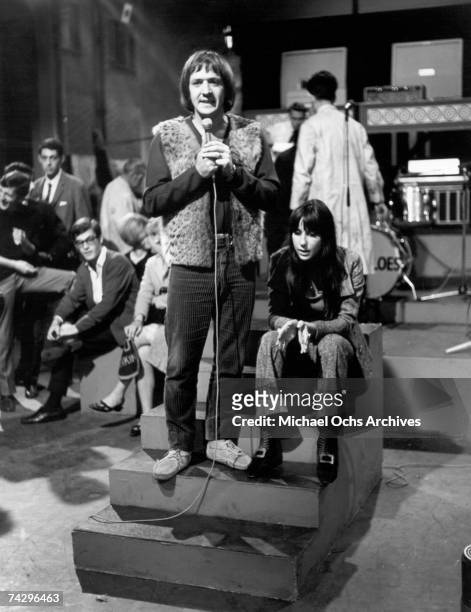 Entertainers Sonny Bono & Cher perform on the TV show "Ready Steady Go!" on August 6, 1965 in London, England.