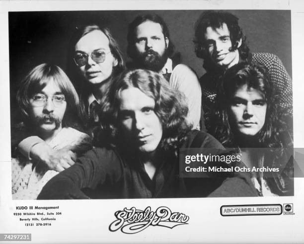 Jeff 'Skunk' Baxter, Walter Becker, David Palmer, Denny Dias, Donald Fagen and Jim Hodder of the rock band 'Steely Dan' pose for a portrait in 1972.
