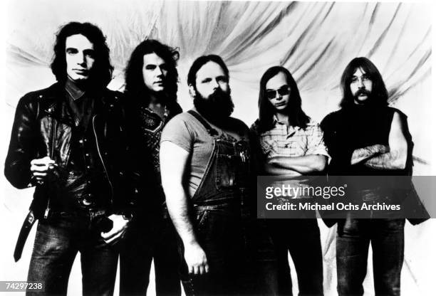 Donald Fagen, Jim Hodder, Denny Dias, Walter Becker and Jeff "Skunk" Baxter of the rock and roll band "Steely Dan" pose for a portrait in June 1974.