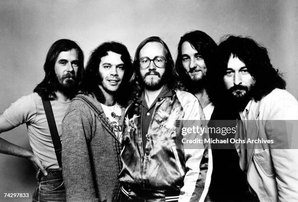 Dougie Thomson, Bob C. Benberg John A. Helliwell, Roger Hodgson and Rick Davies of the rock band "Supertramp" pose for a portrait in circa 1975.