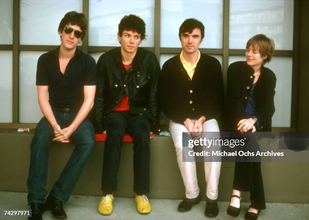 Chris Frantz, Jerry Harrison, David Byrne, and Tina Weymouth of the Talking Heads pose for publicity shots in December 1977 in Hollywood, California.