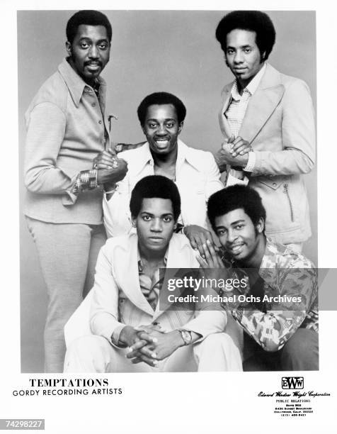 Photo of Temptations. Back row: Otis Williams, Melvin Franklin, Richard Street, front row: Damon Harris and Dennis Edwards.