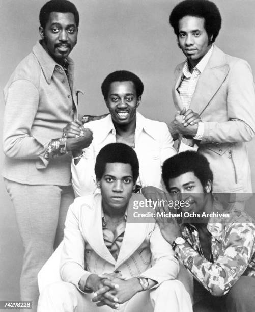 Photo of Temptations. Back row: Otis Williams, Melvin Franklin, Richard Street, front row: Damon Harris and Dennis Edwards.