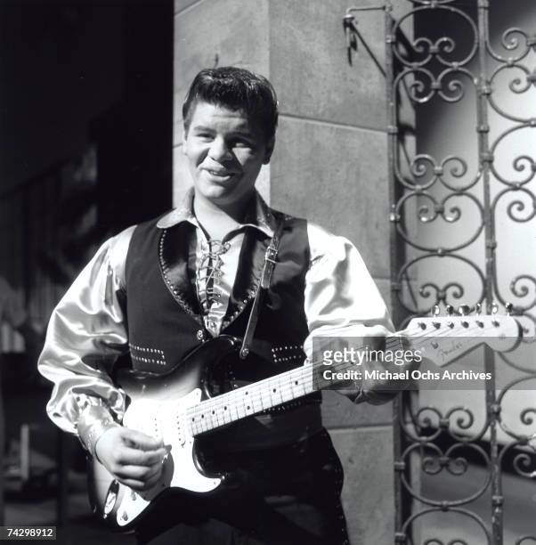 Ritchie Valens performs on a TV show in 1958 in Los Angeles, California.