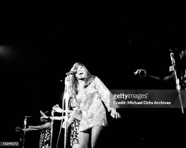 Tina Turner of the husband-and-wife R&B duo Ike & Tina Turner performs onstage with their back-up dancers "The Ikettes" on January 21, 1969.