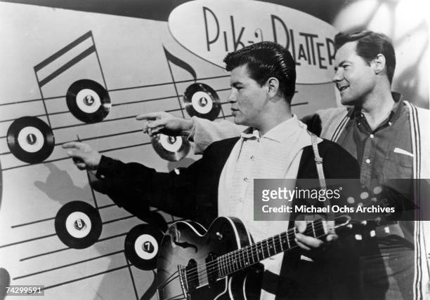 Ritchie Valens and president of Del-Fi Records Bob Keane on a TV show in 1958 in Los Angeles, California.