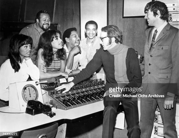 The 5th Dimension (L-R: Florence LaRue, Ron Townson, Marilyn McCoo, Billy Davis Jr., Lamonte McLemore at the console with producer Bones Howe and...
