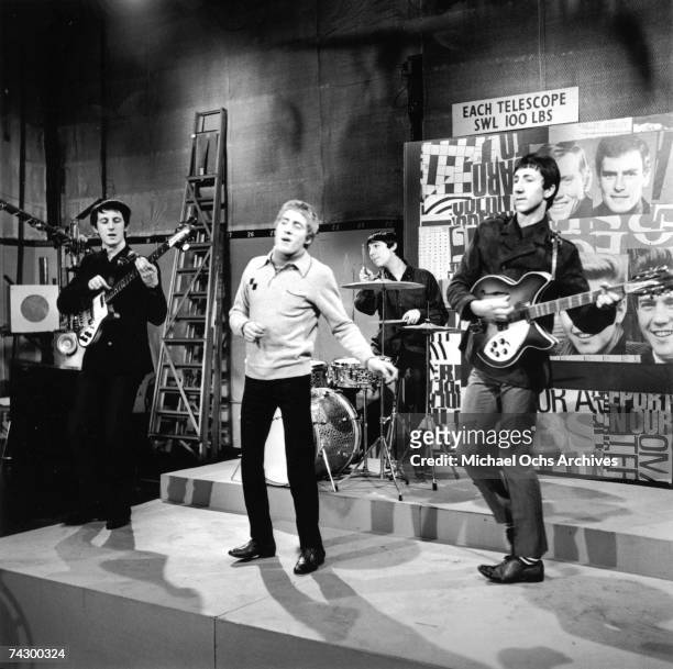 British rock group The Who performing on the TV pop music show 'Ready Steady Go!', London, 1965. Left to right: John Entwistle , Roger Daltrey, Keith...