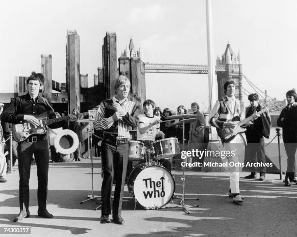 John Entwhistle, Roger Daltrey, Keith Moon and Pete Townshend perform on Dick Clark's "Where the Action Is" TV show on The Tower Bridge on March 18,...