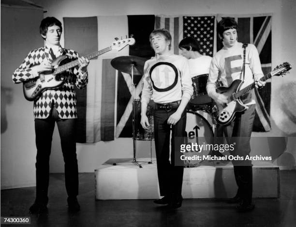 John Entwistle, Roger Daltrey, Keith Moon and Pete Townshend of the rock and roll band "The Who" perform onstage for a TV show in 1965 in London,...