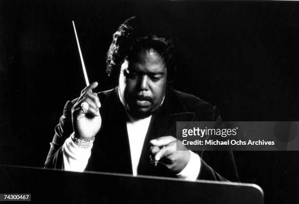 Singer, songwriter and producer Barry White conducts the "Love Unlimited Orchestra" for the album "White Gold" in a 20th Century Records publicity...