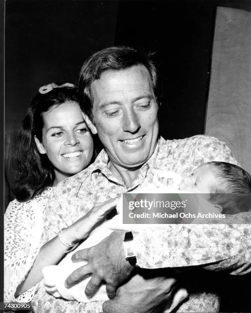 Singer Andy Williams and wife Claudine Longet pose with their newborn baby Robert Williams on August 5, 1969 in Los Angeles, California.