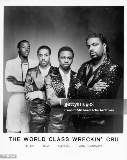 Electronic funk group World Class Wreckin' Cru (L-r Dr Dre , DJ Yella , Cli-N-Tel and Lonzo 'Grandmaster' pose for a publicity photo circa 1985 in...