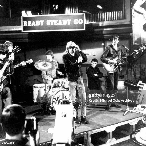 Rock band "The Yardbirds" perform on the TV show "Ready Steady Go" on March 4, 1966 in London, England. Drummer Jim McCarty, guitarist Chris Dreja,...