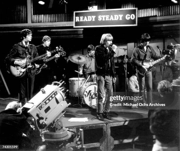 Rock band "The Yardbirds" perform on the TV show "Ready Steady Go" on March 4, 1966 in London, England. Drummer Jim McCarty, guitarist Chris Dreja,...