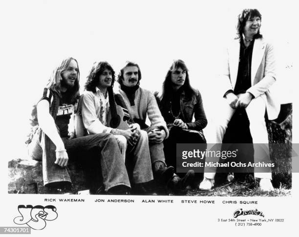 Rick Wakeman, Jon Anderson, Alan White, Steve Howe and Chris Squire of the rock band "Yes" pose for a portrait in circa 1976.